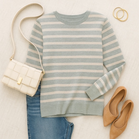 Caslon Stripe Crew Neck Sweater Gray Zip Back Long Sleeve Small - Picture 2 of 8